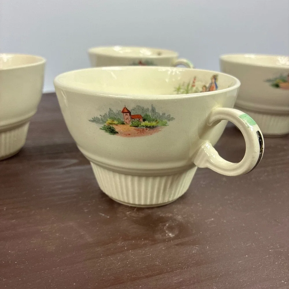 Vintage Salem China Godey Prints Demitasse Teacups Victory Ribbed Shape Set of 4
